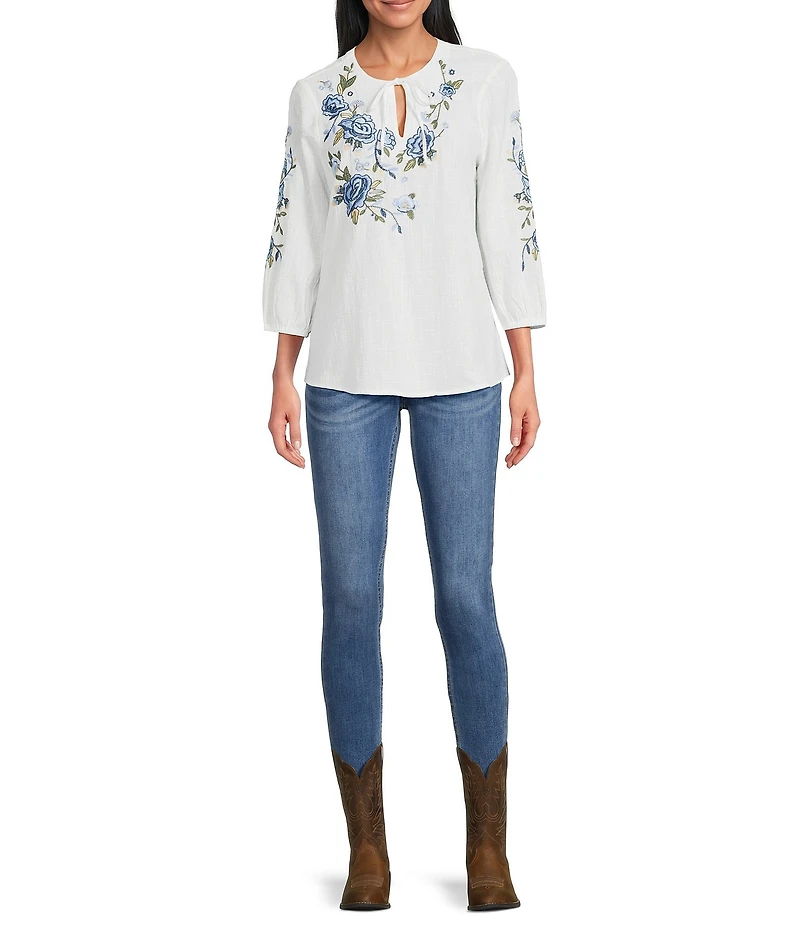 Reba Wild Child Cotton Voile Split V-Neck 3/4 Sleeve Floral Embroidery Peasant Shirt