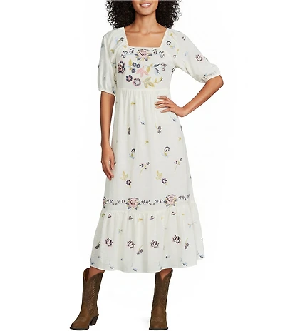 Reba Wild Child Cotton Voile Square Neck Elbow Sleeve Floral Embroidery A-Line Dress