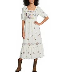 Reba Wild Child Cotton Voile Square Neck Elbow Sleeve Floral Embroidery A-Line Dress