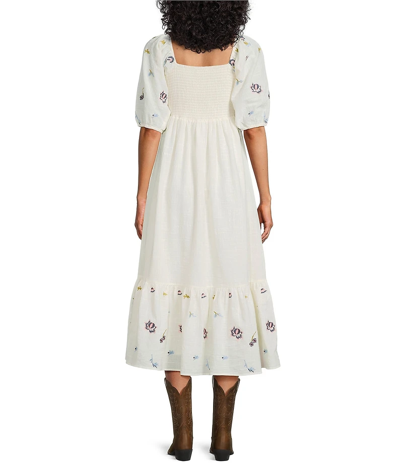 Reba Wild Child Cotton Voile Square Neck Elbow Sleeve Floral Embroidery A-Line Dress
