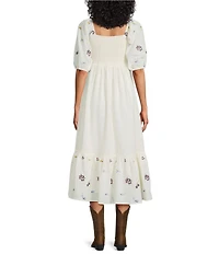 Reba Wild Child Cotton Voile Square Neck Elbow Sleeve Floral Embroidery A-Line Dress
