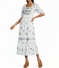 Reba Wild Child Cotton Voile Square Neck Elbow Sleeve Floral Embroidery A-Line Dress