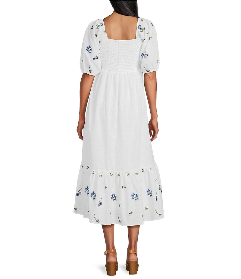 Reba Wild Child Cotton Voile Square Neck Elbow Sleeve Floral Embroidery A-Line Dress