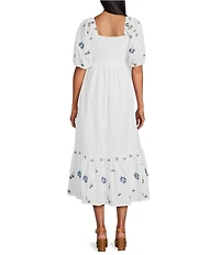 Reba Wild Child Cotton Voile Square Neck Elbow Sleeve Floral Embroidery A-Line Dress