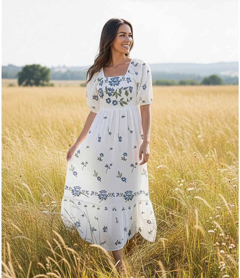 Reba Wild Child Cotton Voile Square Neck Elbow Sleeve Floral Embroidery A-Line Dress