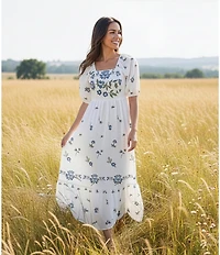 Reba Wild Child Cotton Voile Square Neck Elbow Sleeve Floral Embroidery A-Line Dress