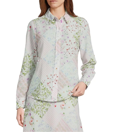Reba Woven Coordinating Voile Patchwork Print Point Collar Long Sleeve Shirt