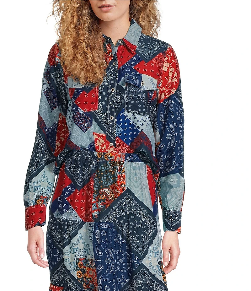 Reba Wyatt Patchwork Coordinating Point Collar Long Sleeve Button Front Shirt