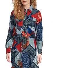 Reba Wyatt Patchwork Coordinating Point Collar Long Sleeve Button Front Shirt
