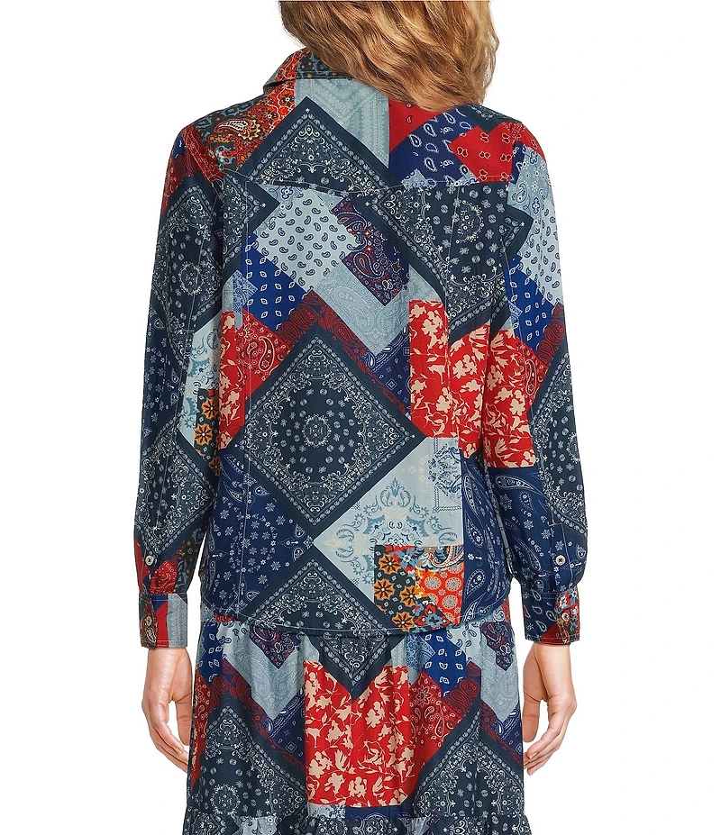 Reba Wyatt Patchwork Coordinating Point Collar Long Sleeve Button Front Shirt