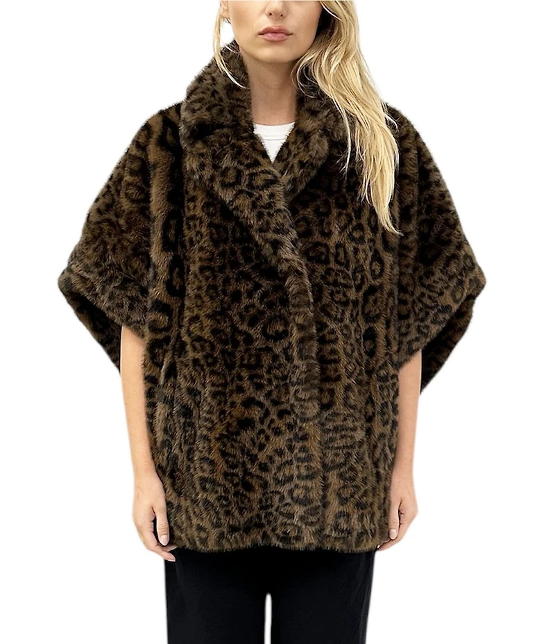 REBECCA MINKOFF Faux Fur Leopard Notch Collar Sleeveless Snap Front Capelet Jacket