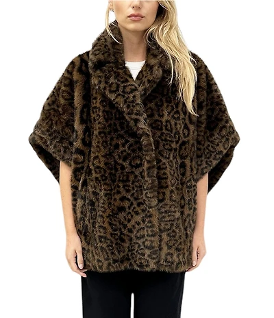 REBECCA MINKOFF Faux Fur Leopard Notch Collar Sleeveless Snap Front Capelet Jacket