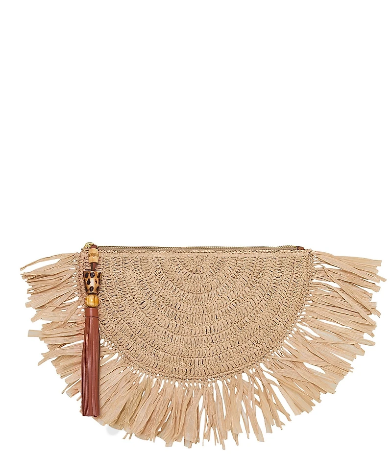 REBECCA MINKOFF Lucia Raffia Fringe Tassel Clutch Bag
