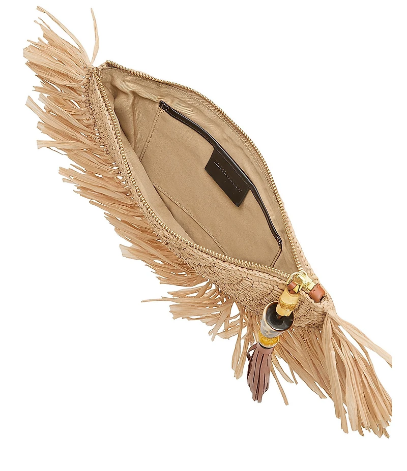 REBECCA MINKOFF Lucia Raffia Fringe Tassel Clutch Bag