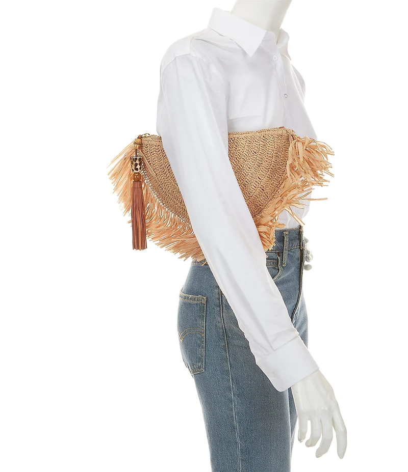REBECCA MINKOFF Lucia Raffia Fringe Tassel Clutch Bag