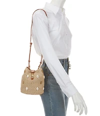 REBECCA MINKOFF Megan Straw Shell Small Bucket Bag