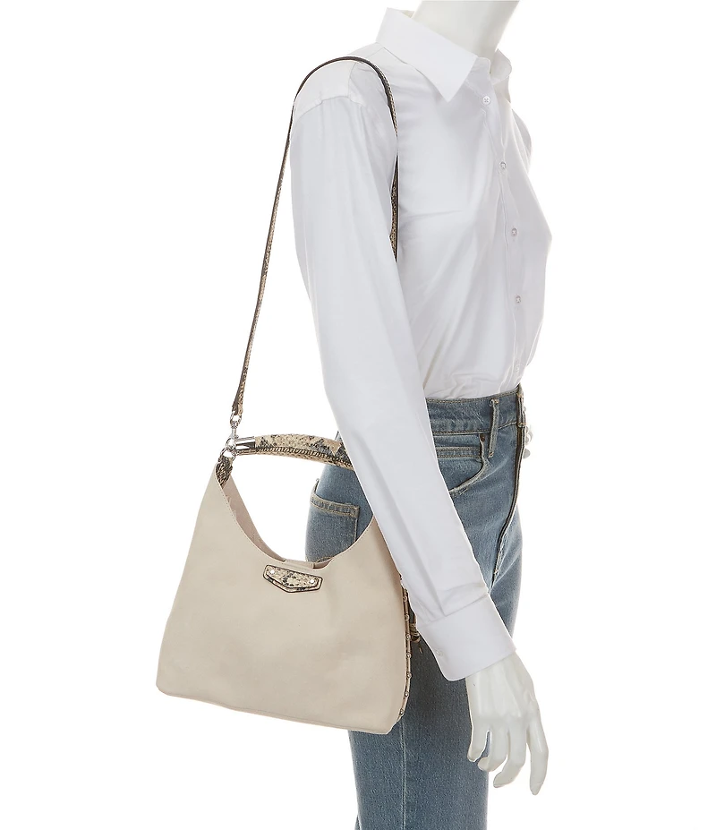 REBECCA MINKOFF Nolita Snake Print Top Handle Suede Bucket Bag