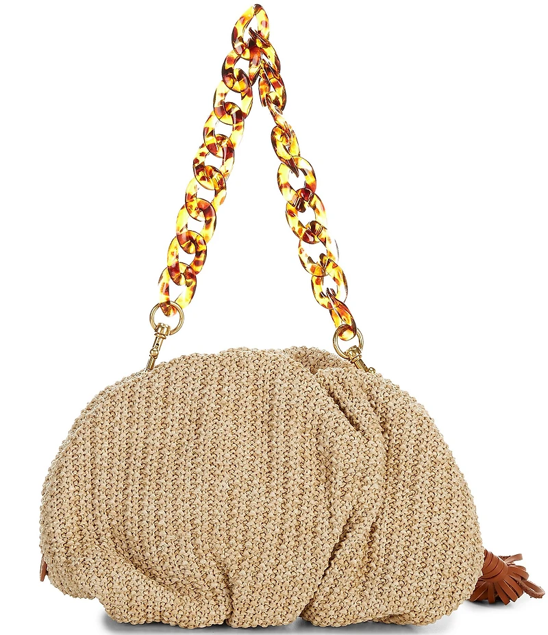 REBECCA MINKOFF Puka Shell Ruched Raffia Tassel Chain Clutch Bag