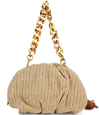 REBECCA MINKOFF Puka Shell Ruched Raffia Tassel Chain Clutch Bag