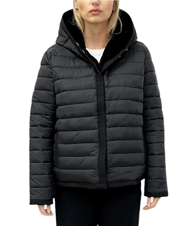REBECCA MINKOFF Reversible Padded Faux Fur Hooded Neck Long Sleeves Zip Front Jacket