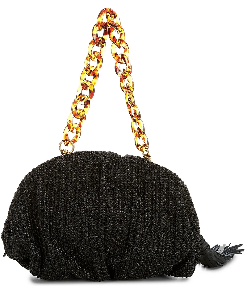 REBECCA MINKOFF Ruched Raffia Tassel Chain Clutch