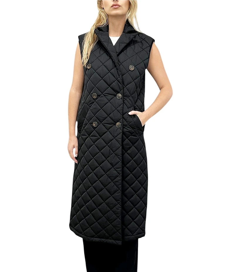 REBECCA MINKOFF Twill Quilted Notch Lapel Sleeveless Double Breasted Vest