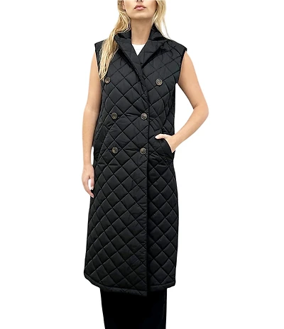 REBECCA MINKOFF Twill Quilted Notch Lapel Sleeveless Double Breasted Vest
