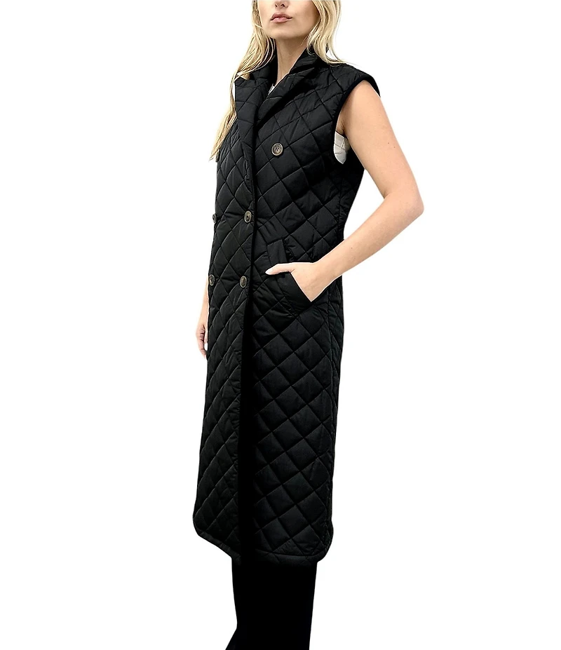REBECCA MINKOFF Twill Quilted Notch Lapel Sleeveless Double Breasted Vest