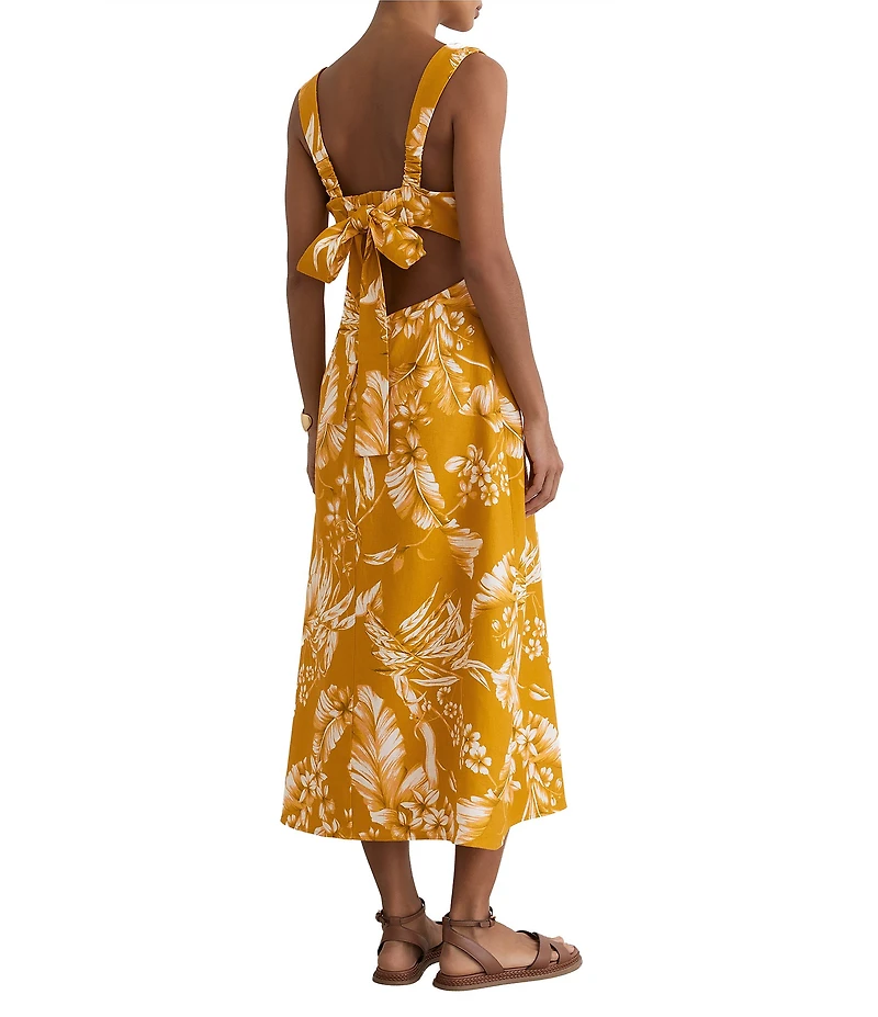 Reiss Addison Floral Printed Linen Sweeteheart Neck Sleeveless Cutout Midi Dress