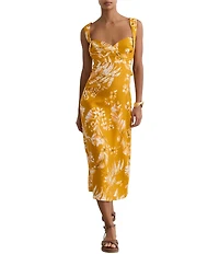 Reiss Addison Floral Printed Linen Sweeteheart Neck Sleeveless Cutout Midi Dress