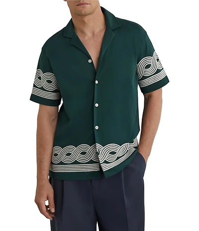 Reiss Arden Placed Embroidery Short Sleeve Woven Camp Shirt