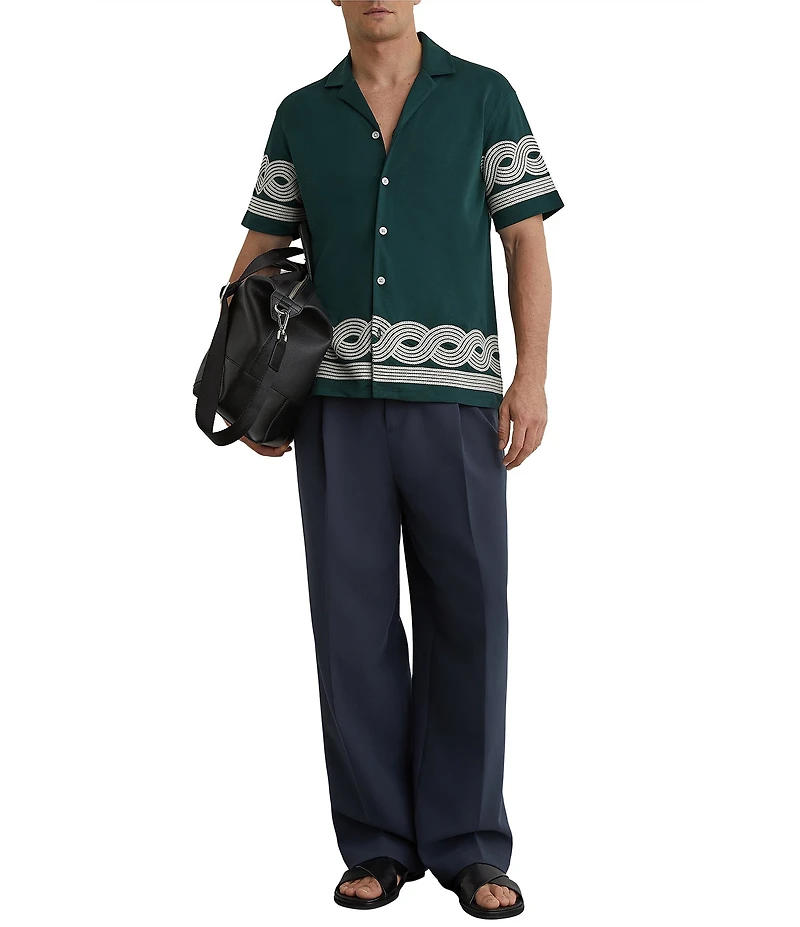 Reiss Arden Placed Embroidery Short Sleeve Woven Camp Shirt
