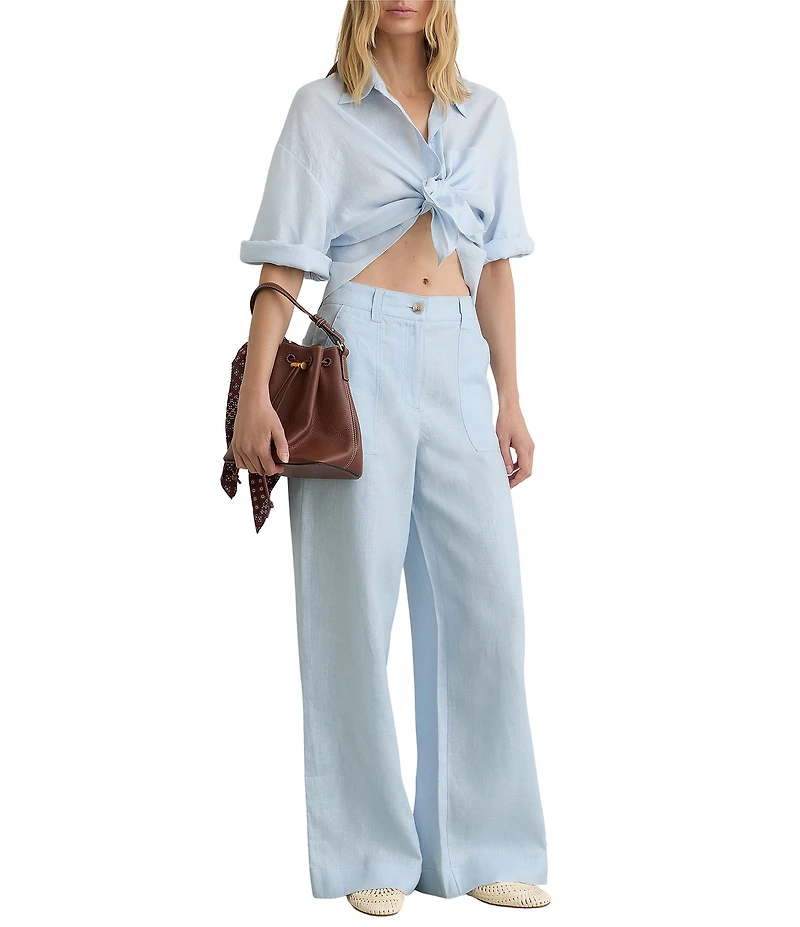 Reiss Ashby Linen Mid Rise Flat Front Wide Leg Trousers