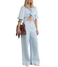 Reiss Ashby Linen Mid Rise Flat Front Wide Leg Trousers