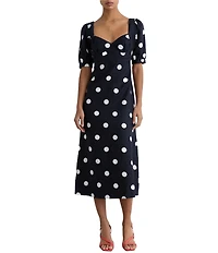 Reiss Astrid Linen Polka Dot Sweetheart Neck Short Sleeve Cutout Back Sheath Midi Dress