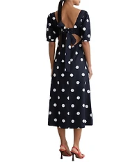 Reiss Astrid Linen Polka Dot Sweetheart Neck Short Sleeve Cutout Back Sheath Midi Dress
