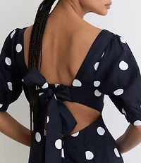 Reiss Astrid Linen Polka Dot Sweetheart Neck Short Sleeve Cutout Back Sheath Midi Dress