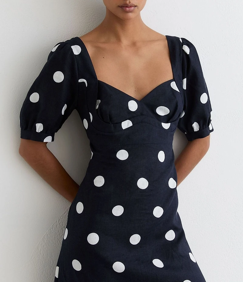 Reiss Astrid Linen Polka Dot Sweetheart Neck Short Sleeve Cutout Back Sheath Midi Dress