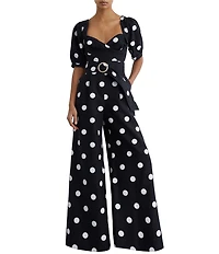 Reiss Brook Linen Structured Polka Dot Sweetheart Neck Short Puff Sleeve Wide Leg Jumpsuit