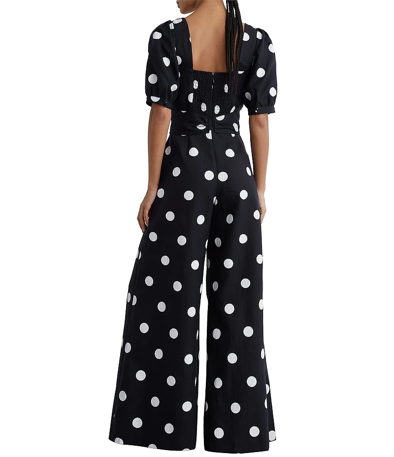 Reiss Brook Linen Structured Polka Dot Sweetheart Neck Short Puff Sleeve Wide Leg Jumpsuit