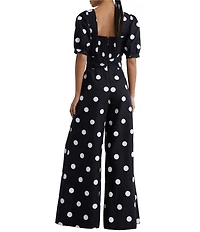 Reiss Brook Linen Structured Polka Dot Sweetheart Neck Short Puff Sleeve Wide Leg Jumpsuit