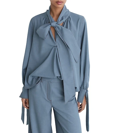 Reiss Charlotte Denim-Look Twill Tie V-Neck Long Sleeve Coordinating Blouse