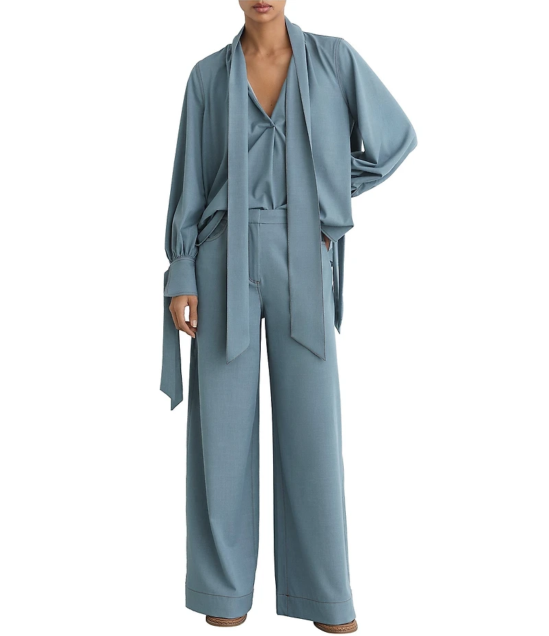 Reiss Charlotte Denim-Look Twill Tie V-Neck Long Sleeve Coordinating Blouse