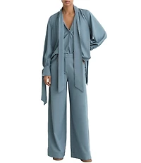 Reiss Charlotte Denim-Look Twill Tie V-Neck Long Sleeve Coordinating Blouse