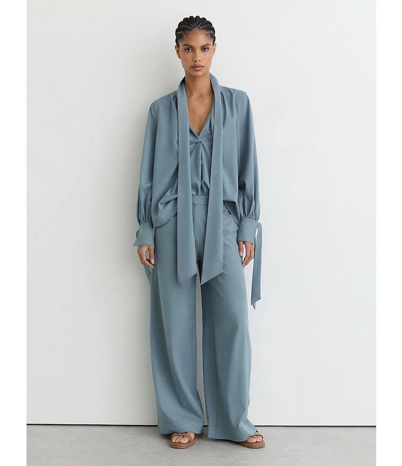 Reiss Charlotte Denim-Look Twill Tie V-Neck Long Sleeve Coordinating Blouse