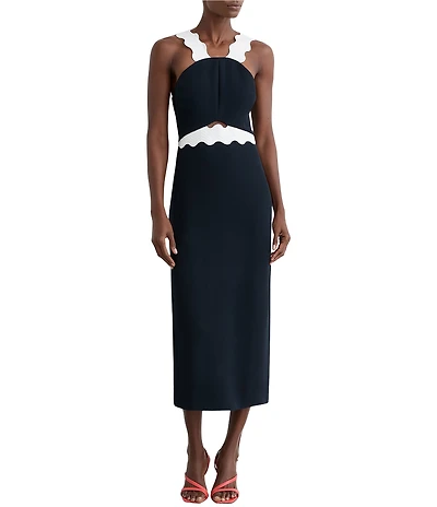 Reiss Dillon Contrast Ric Rac Halter Neck Sleeveless Bodycon Midi Dress
