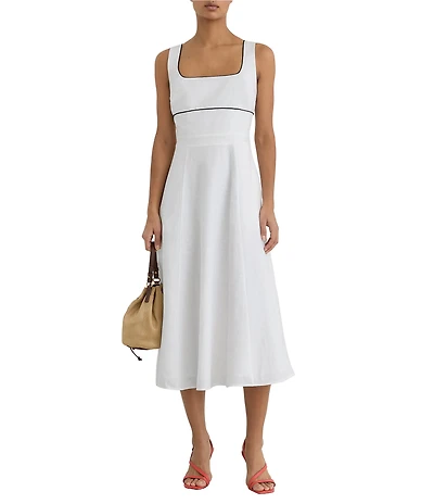 Reiss Dorothea Linen Square Neck Sleeveless Contrast Trim Midi Dress