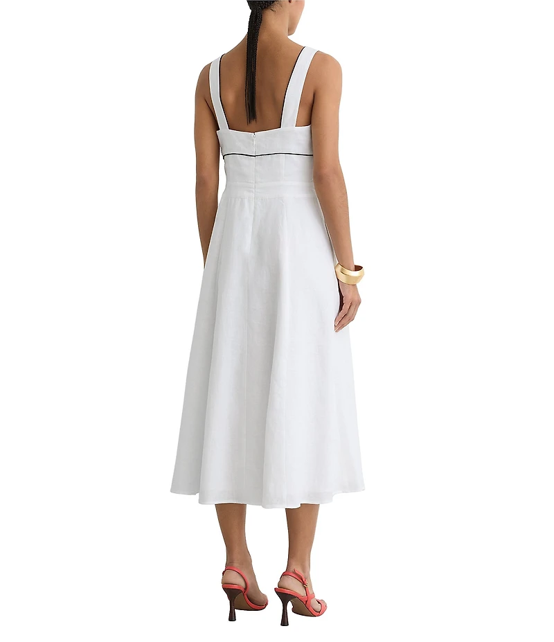 Reiss Dorothea Linen Square Neck Sleeveless Contrast Trim Midi Dress