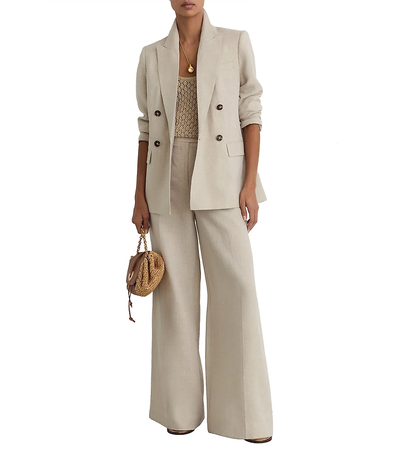 Reiss Double-Breasted Woven Linen Peak Lapel Collar Long Sleeve Button-Front Blazer