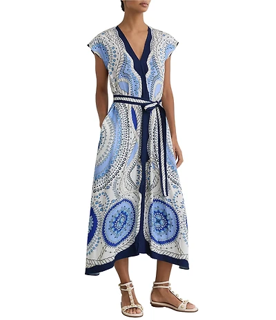Reiss Heidi Scarf Print V-Neck Short Flutter Sleeve Midi Dress